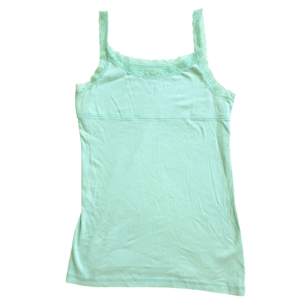 Vintage Y2K Cherokee Lace Trim Cami Ribbed Camisole Tank Top Mint Green Aqua S*